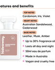 Sandalwood Grove perfume scent notes, top notes Cardamom, Iris, Violet, heart notes Australian Sandalwood, Cedarwood, base notes Leather, Musk, Amber