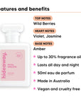 Petal Dreams perfume scent notes, top notes Wild Berries, heart notes Violet, Jasmine, base notes Amber