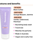 Mini Black Essence Body Wash features, top notes Black Coffee, heart notes Orange Blossom, Jasmine, base notes Vanilla, Cedarwood, Patchouli, travel size, vegan and cruelty free