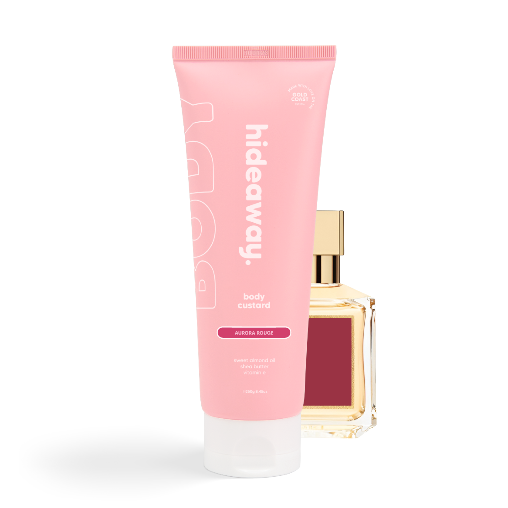 Pink tube of luxe body custard with a bold, romantic scent of red berries, florals, and musk. Soft, creamy, and nourishing.