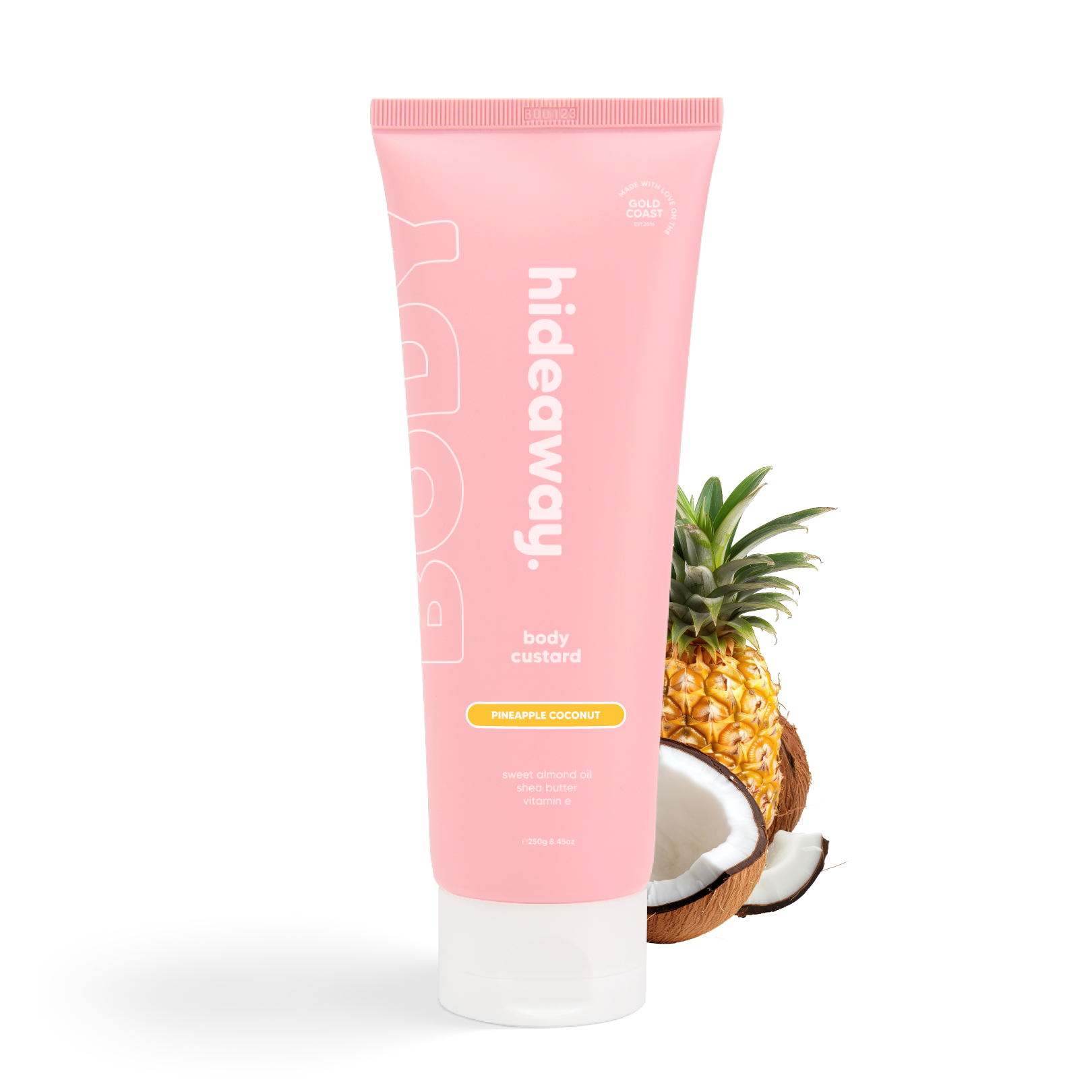 Pink tube of lush body custard with a juicy pineapple and coconut scent. Sweet, creamy, and deeply hydrating.