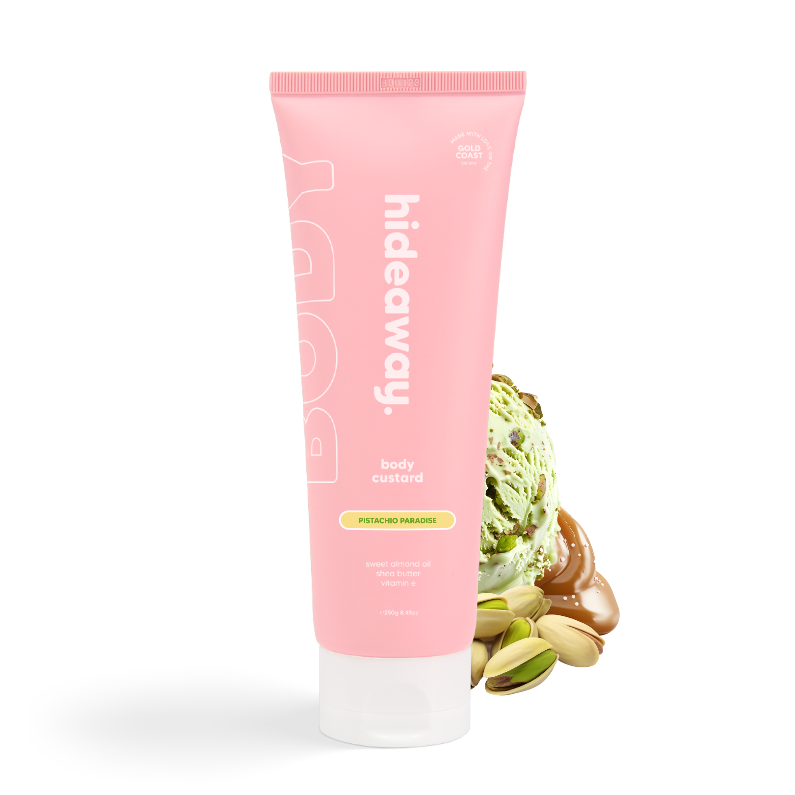 Pink tube of decadent body custard with a nutty pistachio, vanilla, and caramel scent. Rich, creamy, and hydrating.