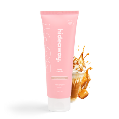Pink tube of rich, whipped body custard with a warm vanilla caramel scent. Hydrating, creamy, and indulgent.