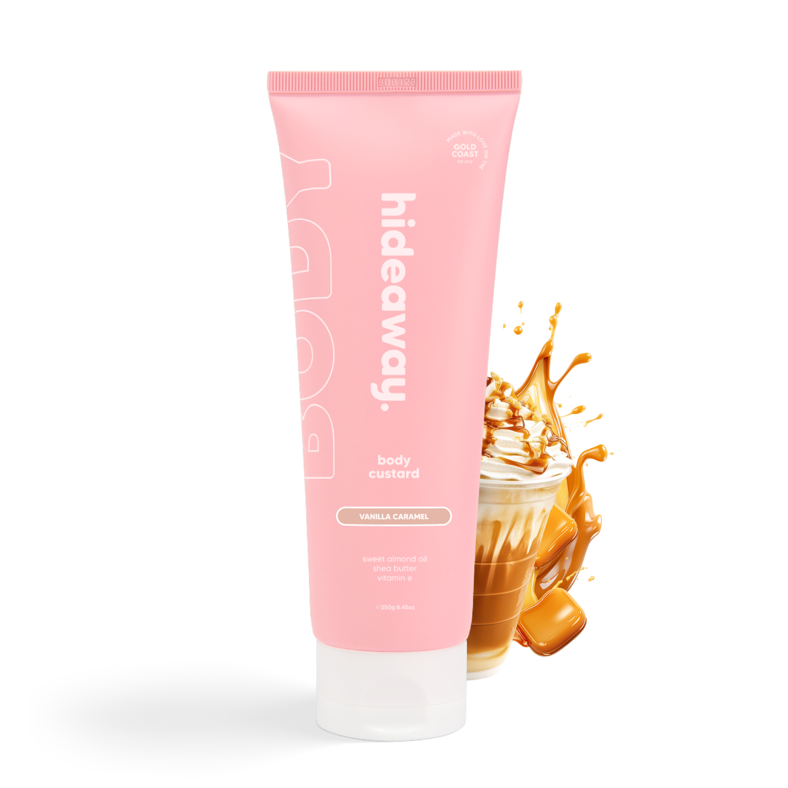 Pink tube of rich, whipped body custard with a warm vanilla caramel scent. Hydrating, creamy, and indulgent.