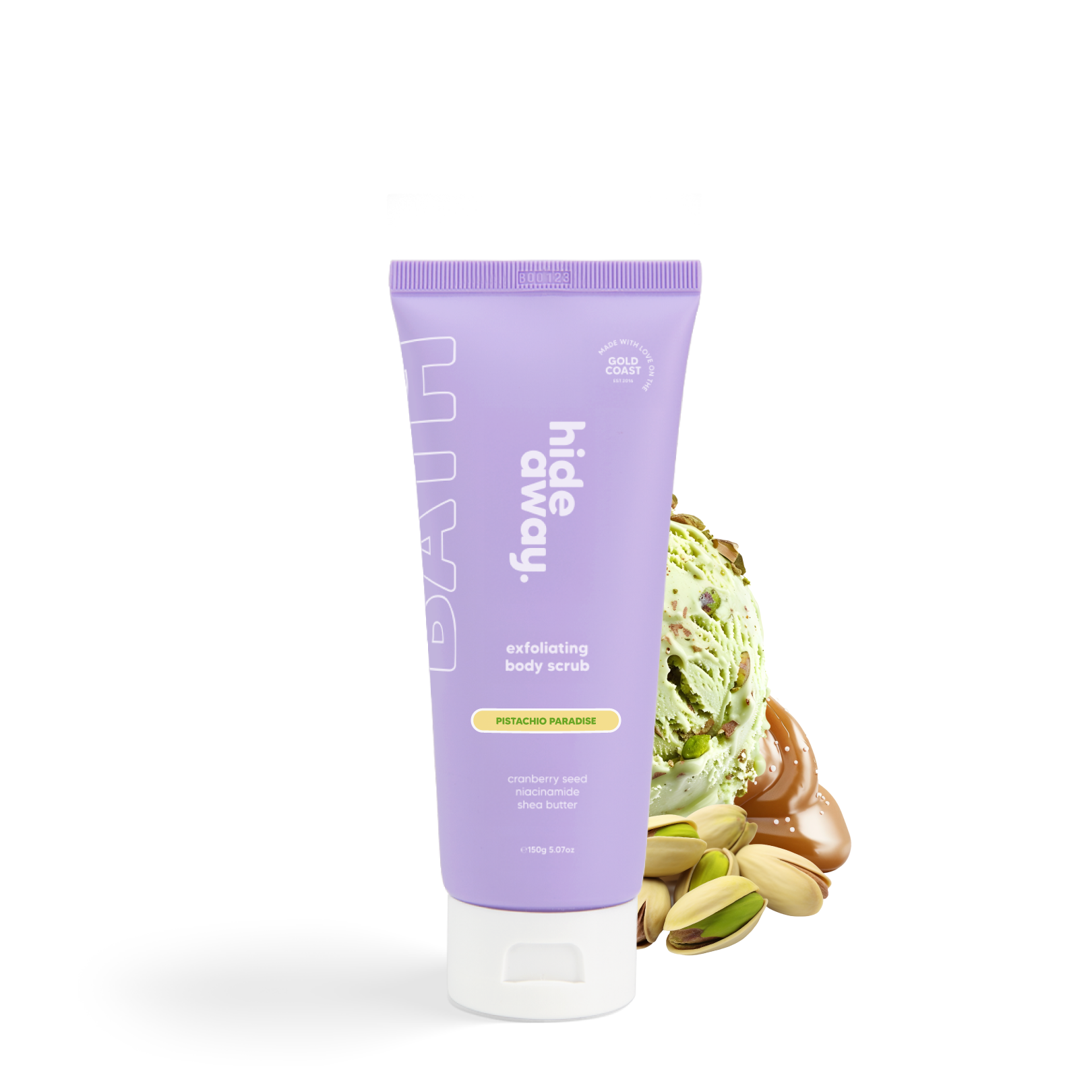 Decadent scrub with pistachio, vanilla, and caramel. Leaves skin soft, smooth, and glowing.