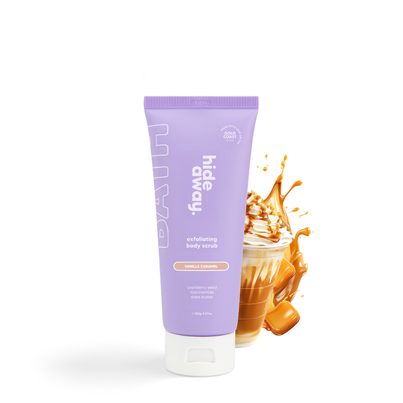 Exfoliating body scrub with a warm vanilla caramel scent. Buffs, smooths, and smells delicious.