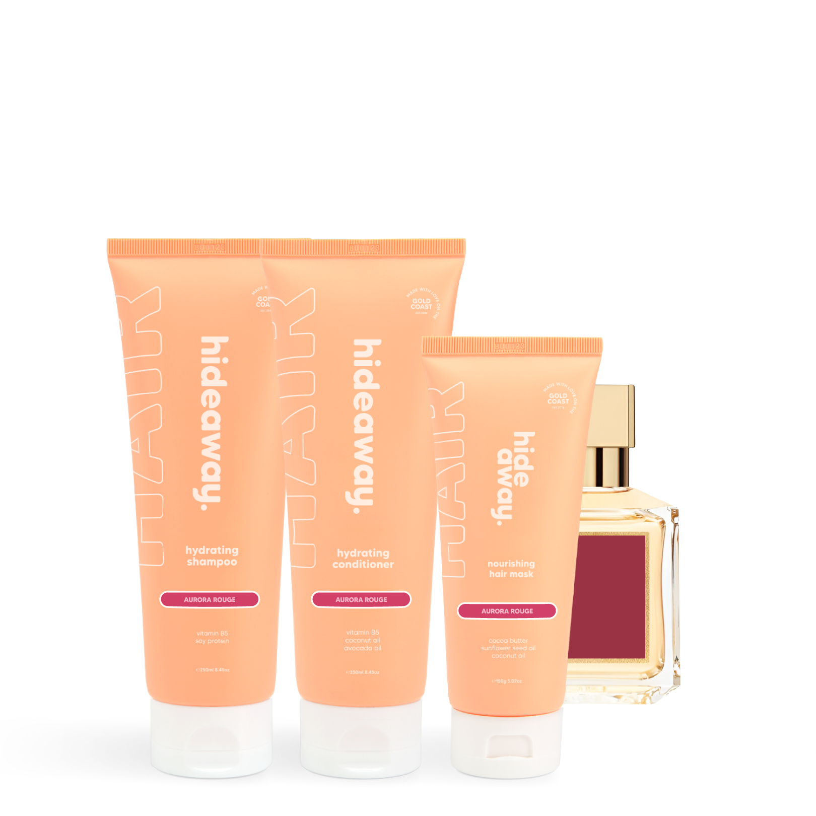 Hair care trio with red berries, florals, and musk. Bold scent, deep hydration, and silky results.