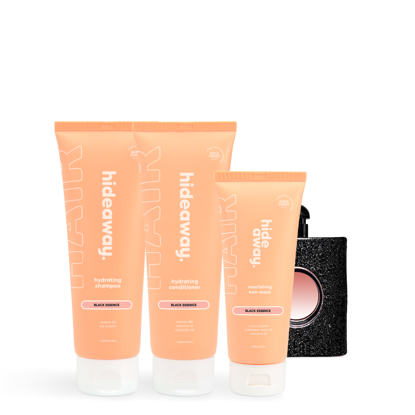 Smoothing hair trio with warm woods and spice. Rich fragrance and intense moisture for sleek strands.