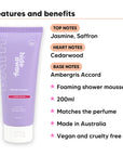 Aurora Rouge Shower Mousse features, top notes Jasmine, Saffron, heart notes Cedarwood, base notes Ambergris Accord, 200ml, vegan and cruelty free