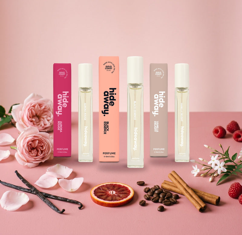 hideaway. 10ml perfumes surrounded by rose, vanilla, blood orange, coffee and cinnamon