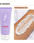 Exfoliating body scrub texture swiped on skin, beside Hideaway. Aurora Rouge exfoliating body scrub