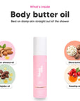 Black Essence body butter oil, key ingredients: sweet almond oil, jojoba oil, shea butter and rosehip oil