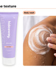 Body wash texture lathered on skin, beside Hideaway. Black Essence body wash