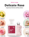 Notes inside Delicate Rose: Bergamot, lychee, turkish rose, peony, cashmere wood, musk