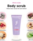 Aurora Rouge exfoliating body scrub mini, key ingredients: pumice, cranberry seeds, shea butter, cocoa butter, macadamia oil and aloe vera