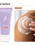 Body wash texture lathered on skin, beside Hideaway. Aurora Rouge mini body wash