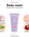 Aurora Rouge body wash mini, key ingredients: coconut cleansers, aloe vera, vitamin B5 and pomegranate