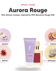 Notes inside Aurora Rouge mini shower mousse: Jasmine, saffron, cedarwood, ambergris accord