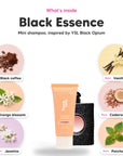 Notes inside Black Essence mini shampoo: Black coffee, orange blossom, jasmine, vanilla, cedarwood, patchouli