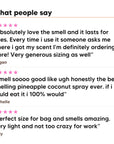 Three five star customer reviews of Hideaway. Pineapple Coconut body mist