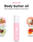Vanilla Delight body butter oil, key ingredients: sweet almond oil, jojoba oil, shea butter and rosehip oil