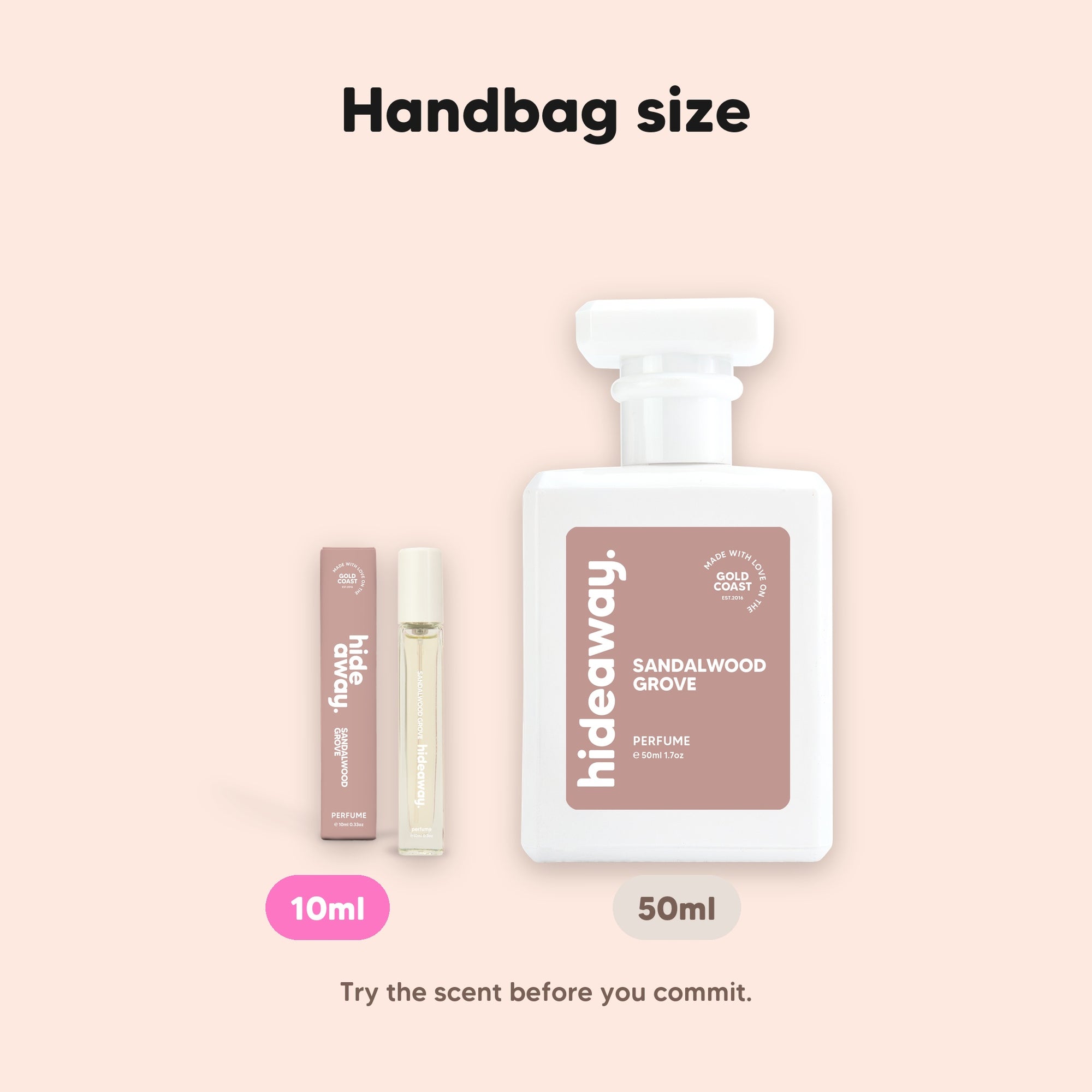 hideaway. Sandalwood Grove perfume 10ml travel size beside the 50ml bottle, handbag size, $10