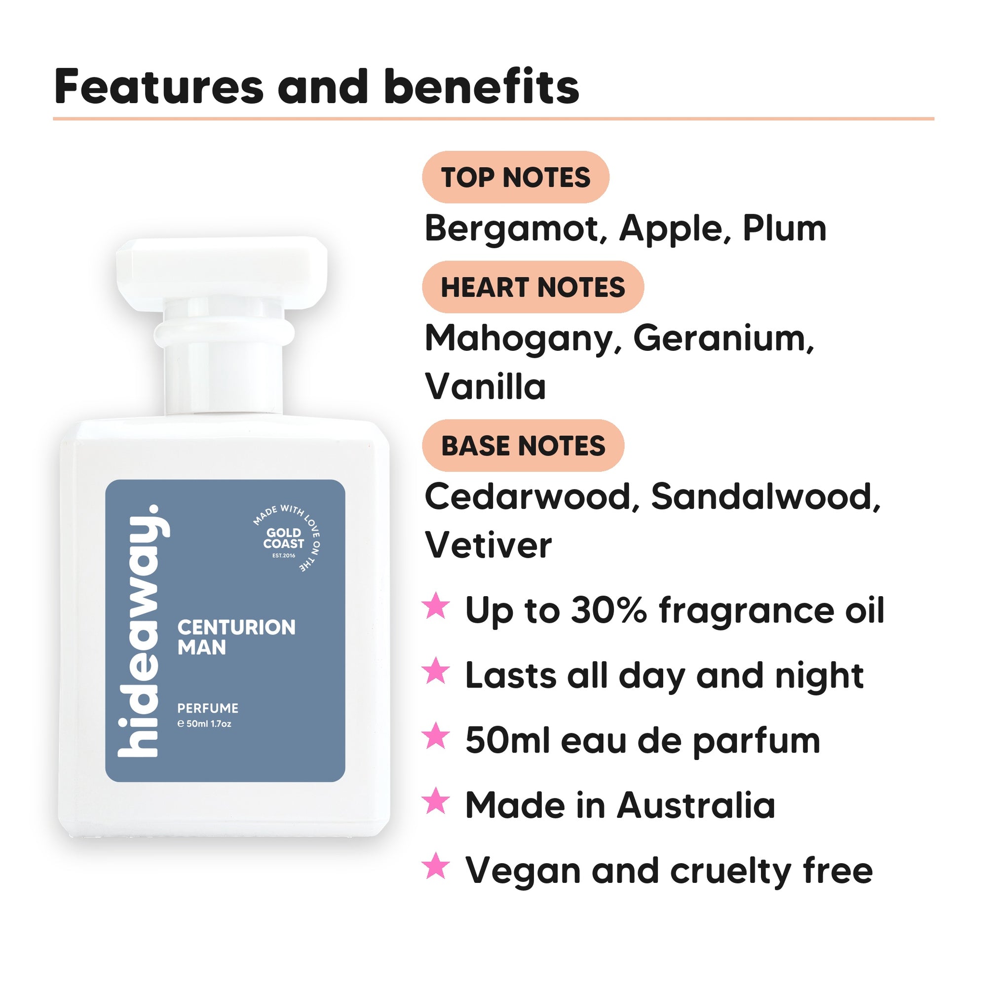 Centurion Man perfume scent notes, top notes Bergamot, Apple, Plum, heart notes Mahogany, Geranium, Vanilla, base notes Cedarwood, Sandalwood, Vetiver