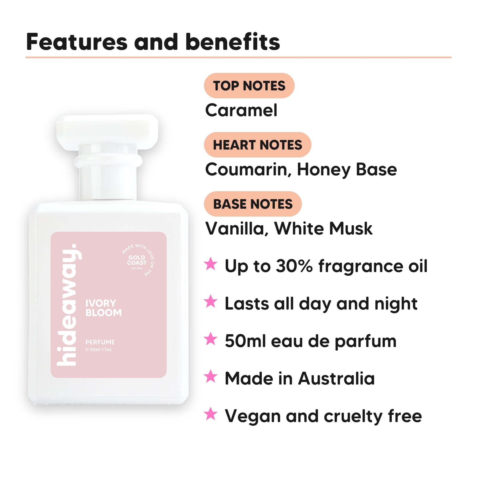 Ivory Bloom perfume scent notes, top notes Caramel, heart notes Coumarin, Honey Base, base notes Vanilla, White Musk