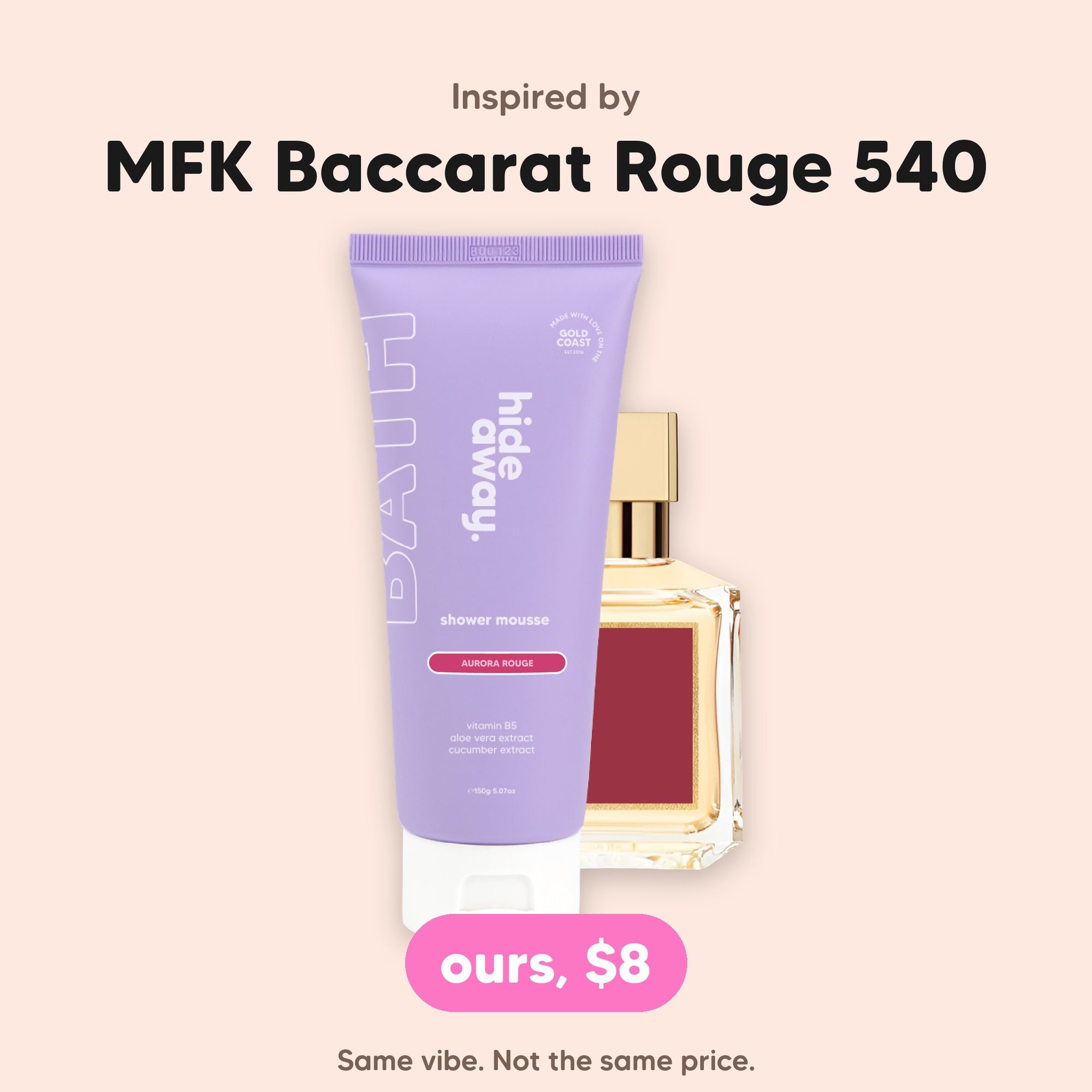 hideaway. Mini Aurora Rouge Shower Mousse, inspired by MFK Baccarat Rouge 540, $8, made in Australia