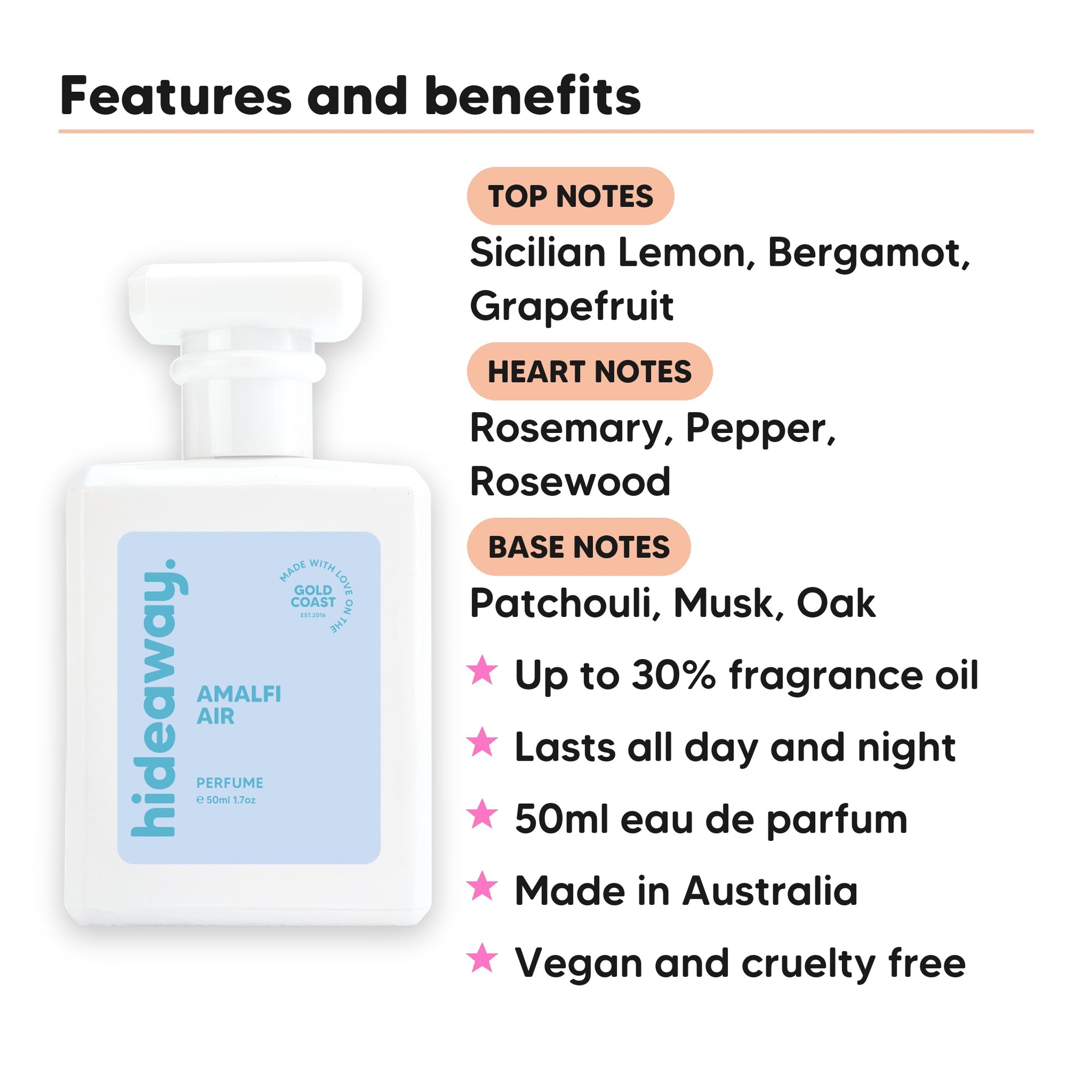 Amalfi Air perfume scent notes, top notes Sicilian Lemon, Bergamot, Grapefruit, heart notes Rosemary, Pepper, Rosewood, base notes Patchouli, Musk, Oak