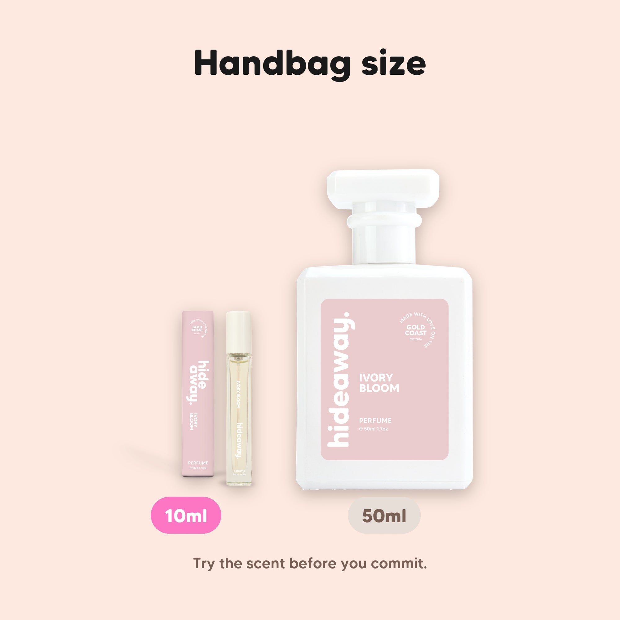 hideaway. Ivory Bloom perfume 10ml travel size beside the 50ml bottle, handbag size, $10