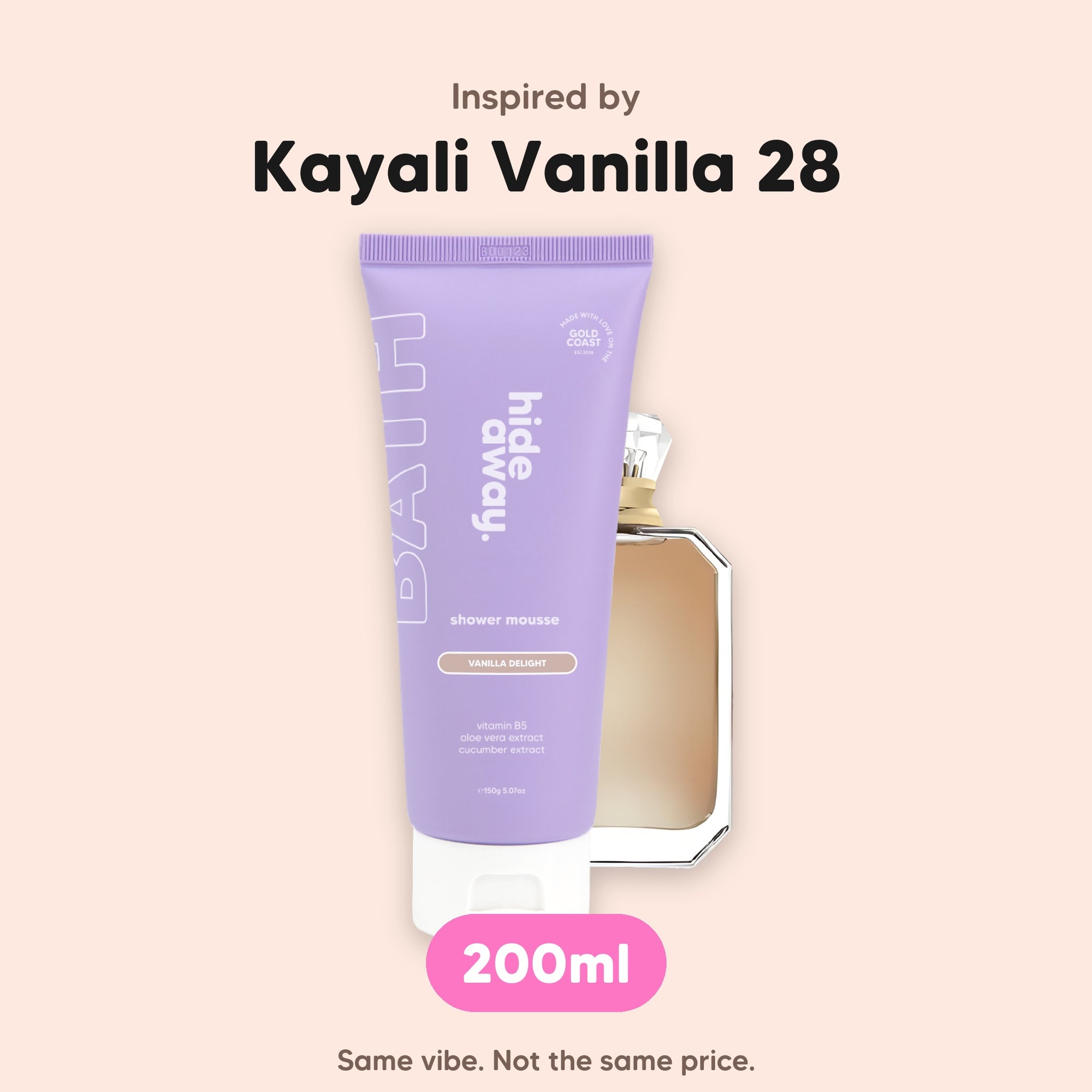 hideaway. Vanilla Delight Shower Mousse, inspired by Kayali Vanilla 28, 200ml, made in Australia