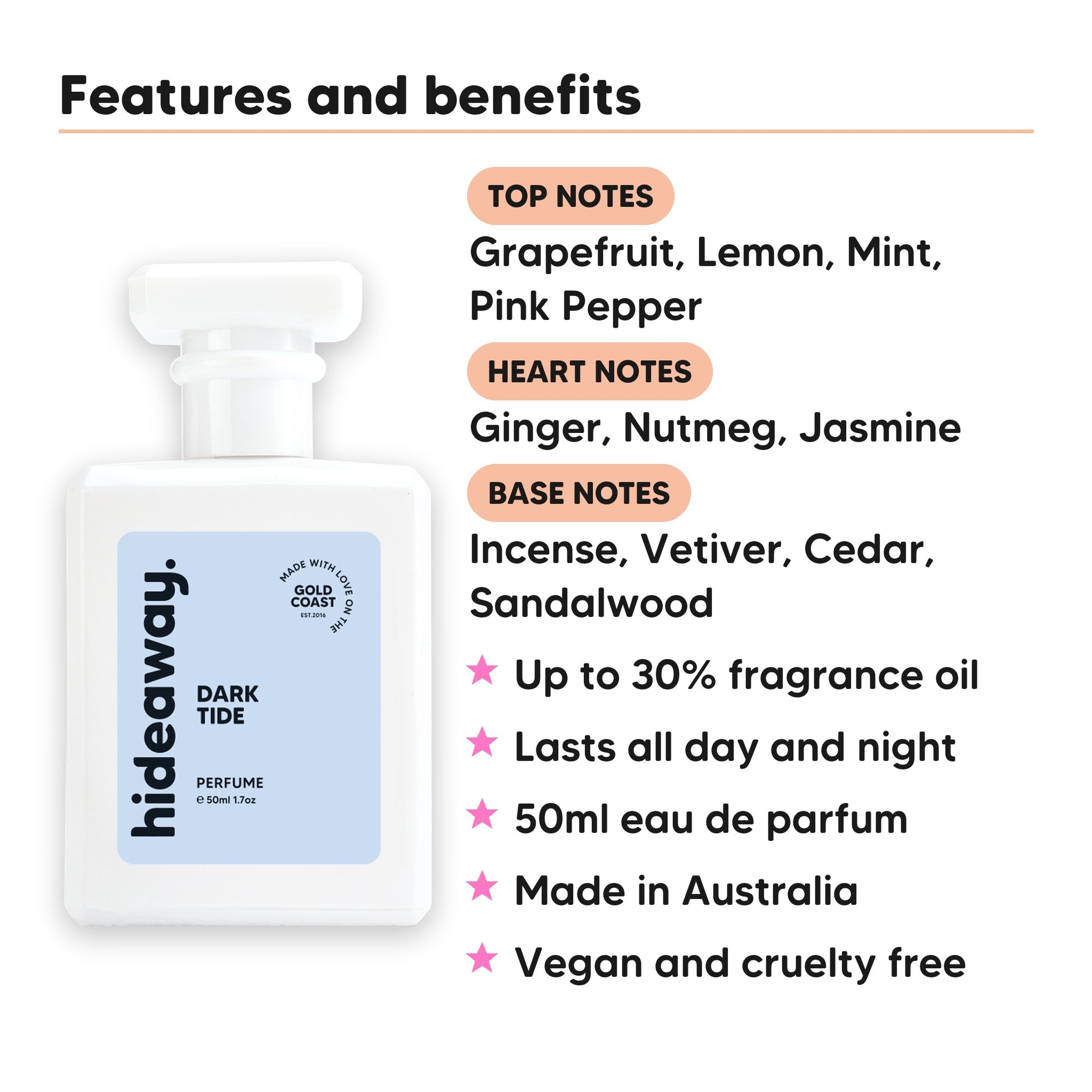 Dark Tide perfume scent notes, top notes Grapefruit, Lemon, Mint, Pink Pepper, heart notes Ginger, Nutmeg, Jasmine, base notes Incense, Vetiver, Cedar, Sandalwood