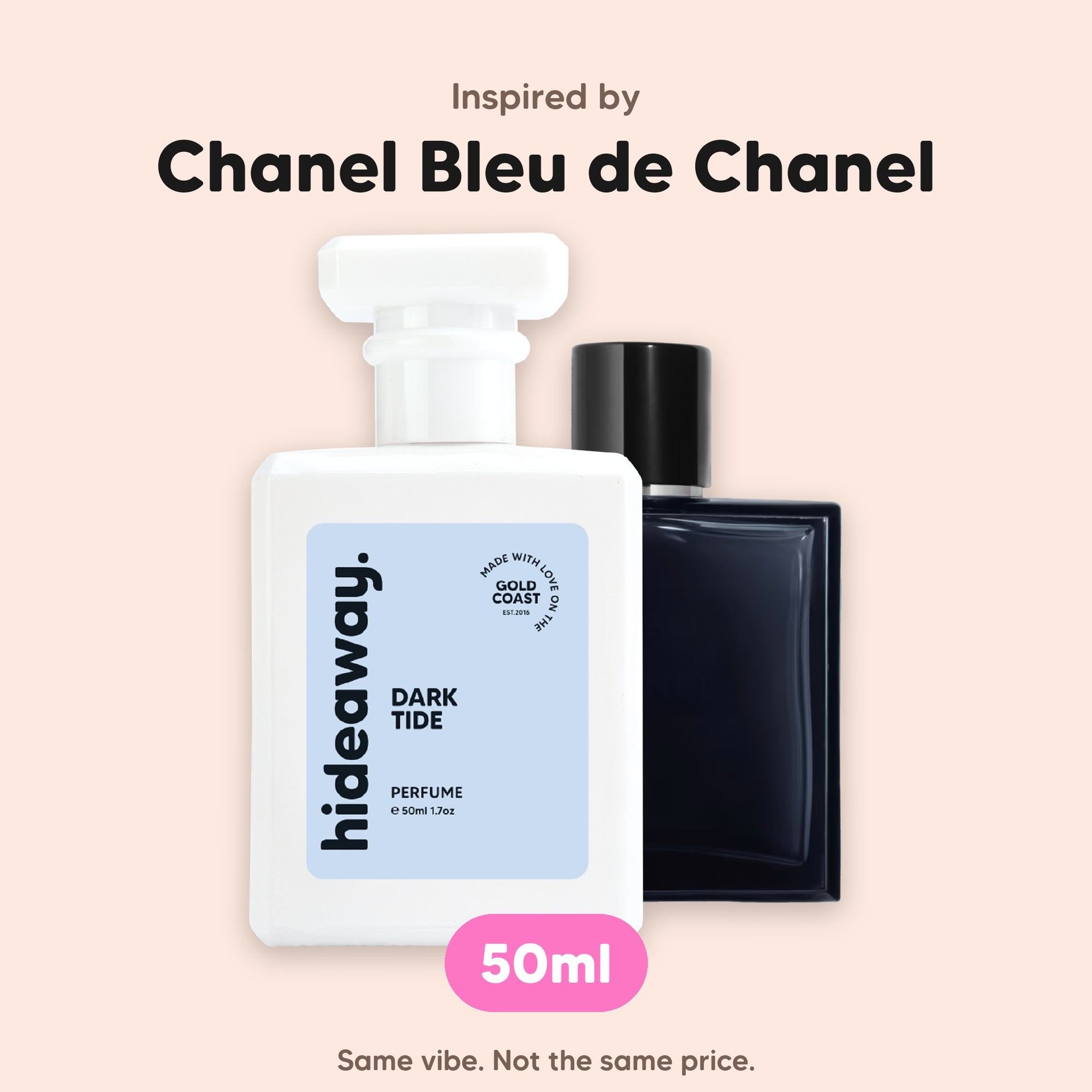 hideaway. Dark Tide perfume 50ml beside the Chanel Bleu de Chanel bottle it is inspired by, handmade on the Gold Coast