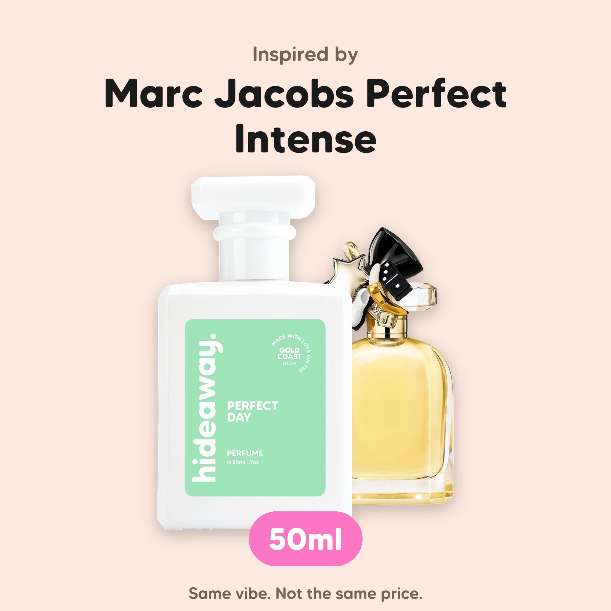 hideaway. Perfect Day perfume 50ml beside the Marc Jacobs Perfect Intense bottle it is inspired by, handmade on the Gold Coast