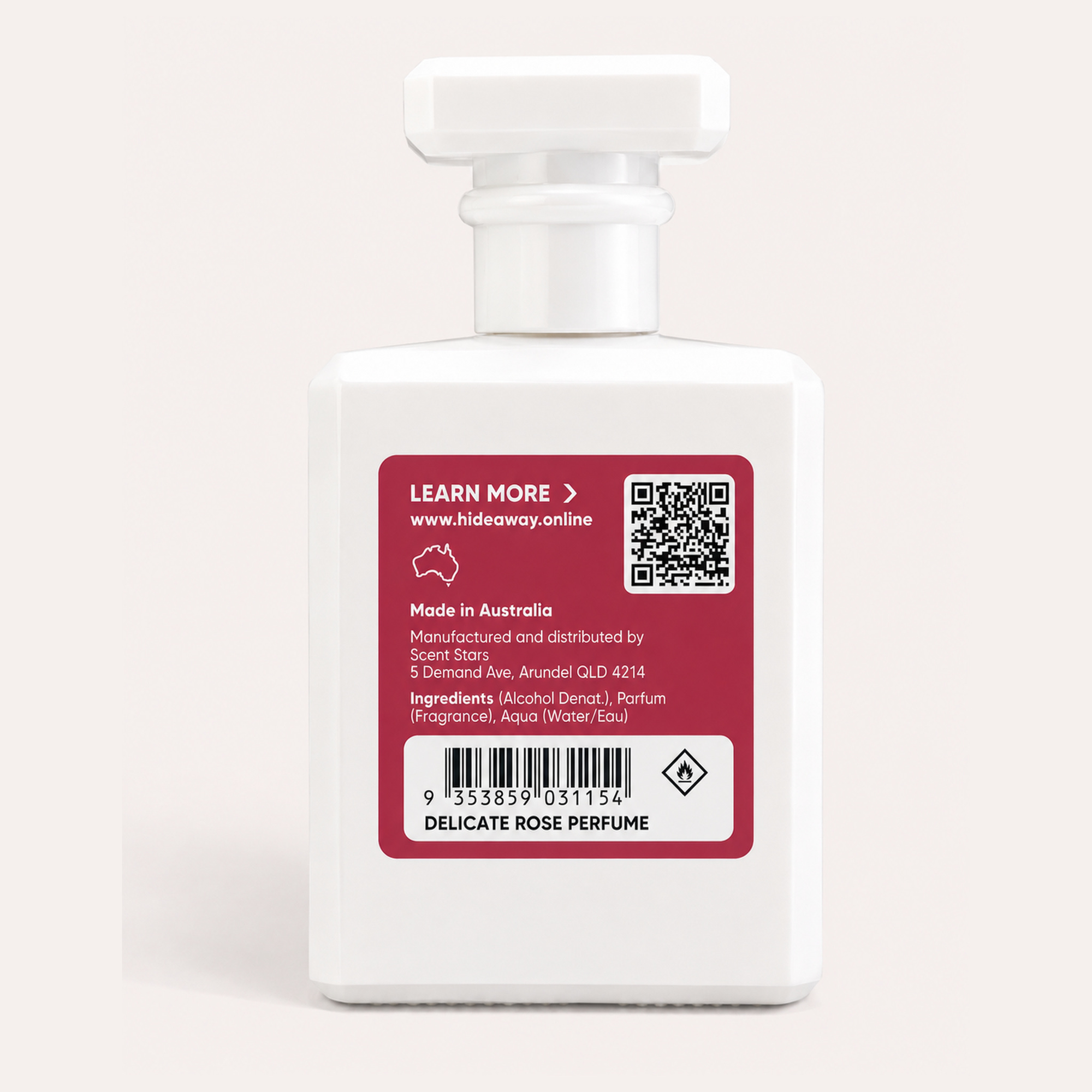hideaway. Delicate Rose perfume 50ml back label, made in Australia, vegan and cruelty free