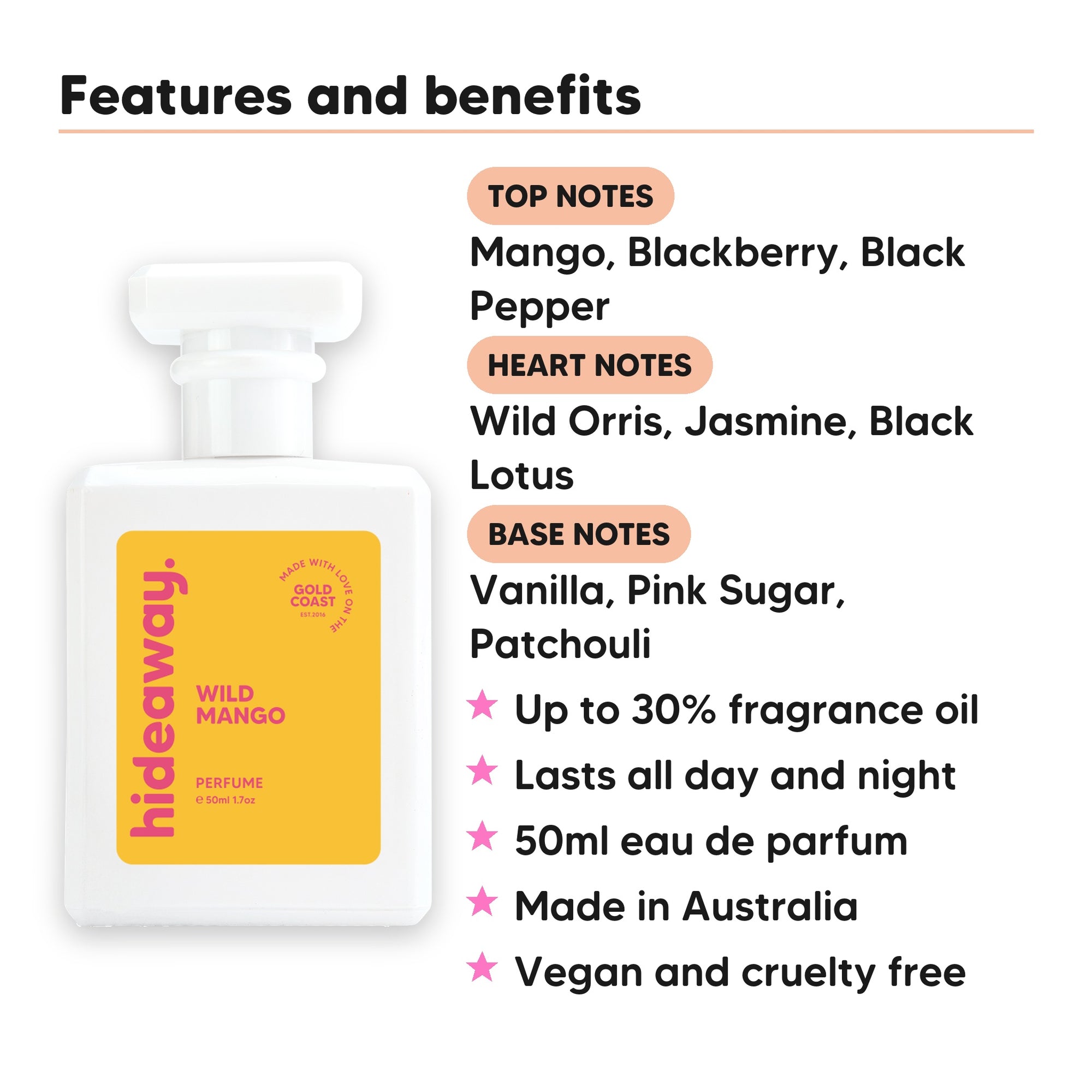 Wild Mango perfume scent notes, top notes Mango, Blackberry, Black Pepper, heart notes Wild Orris, Jasmine, Black Lotus, base notes Vanilla, Pink Sugar, Patchouli
