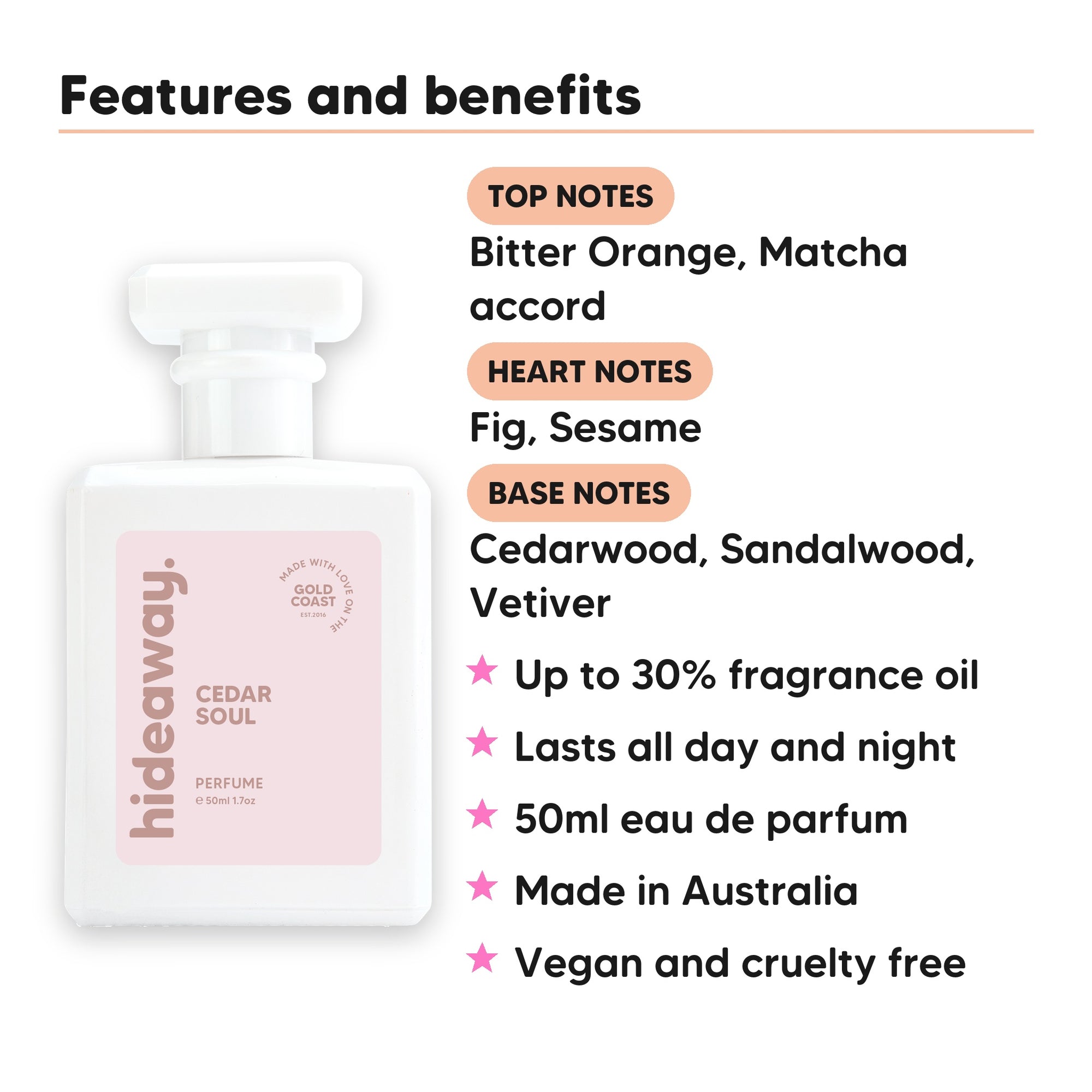 Cedar Soul perfume scent notes, top notes Bitter Orange, Matcha accord, heart notes Fig, Sesame, base notes Cedarwood, Sandalwood, Vetiver