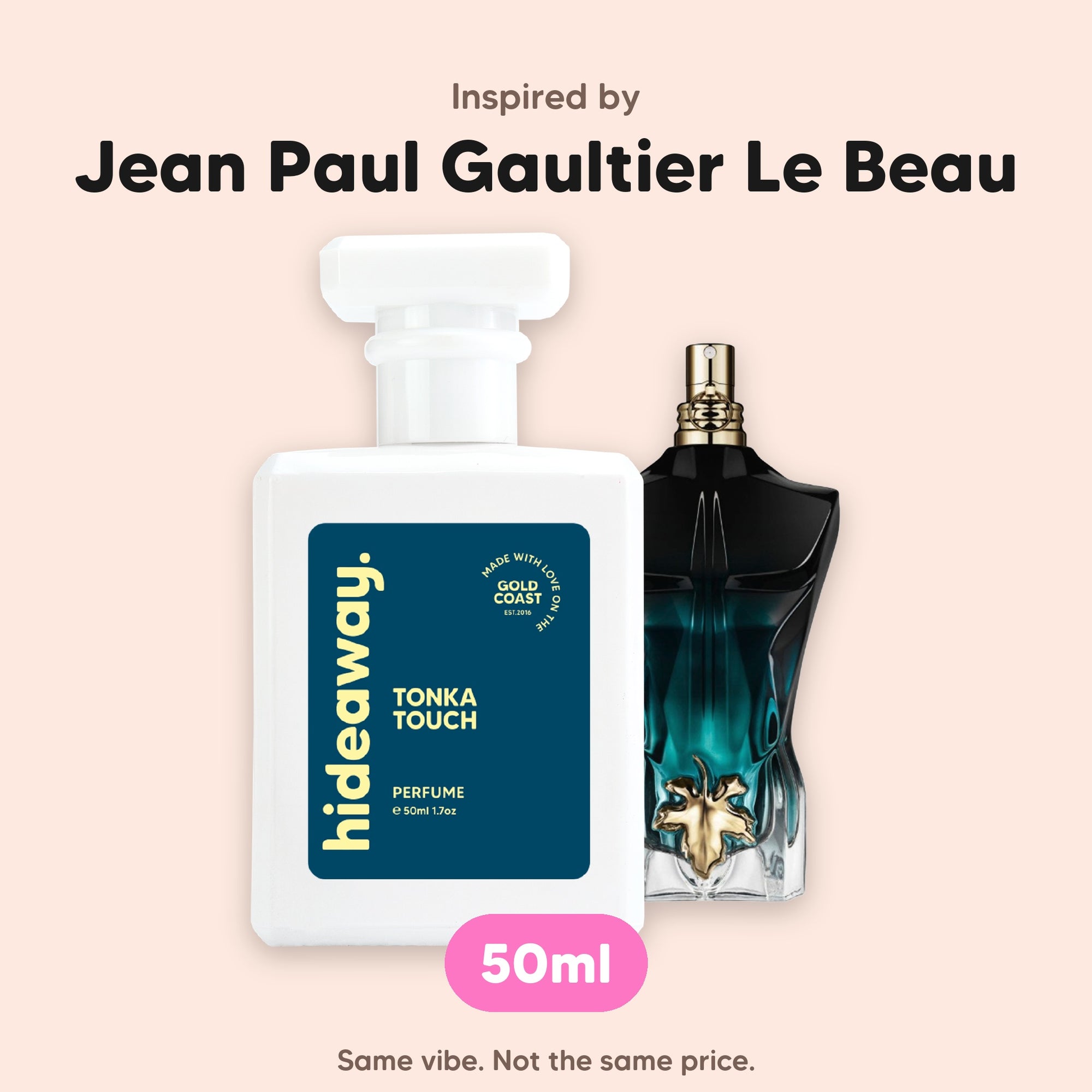 hideaway. Tonka Touch perfume 50ml beside the Jean Paul Gaultier Le Beau bottle it is inspired by, handmade on the Gold Coast
