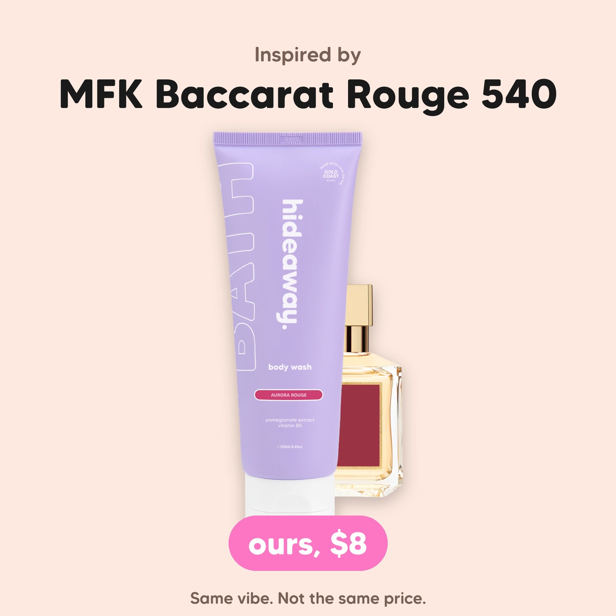 hideaway. Mini Aurora Rouge Body Wash, inspired by MFK Baccarat Rouge 540, $8, made in Australia
