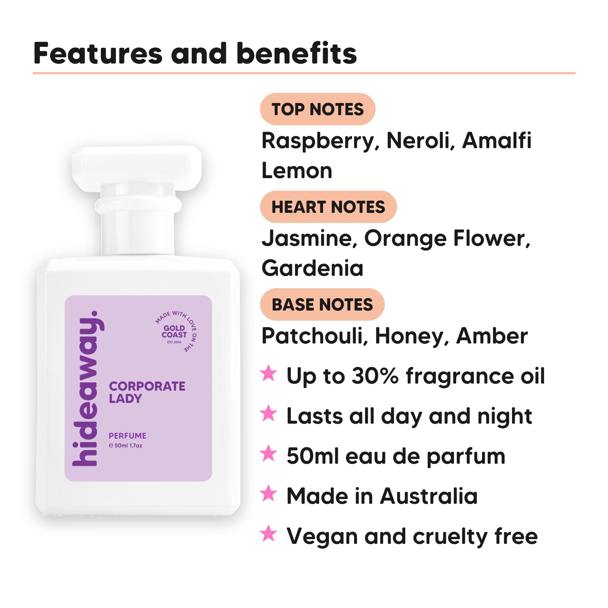 Corporate Lady perfume scent notes, top notes Raspberry, Neroli, Amalfi Lemon, heart notes Jasmine, Orange Flower, Gardenia, base notes Patchouli, Honey, Amber