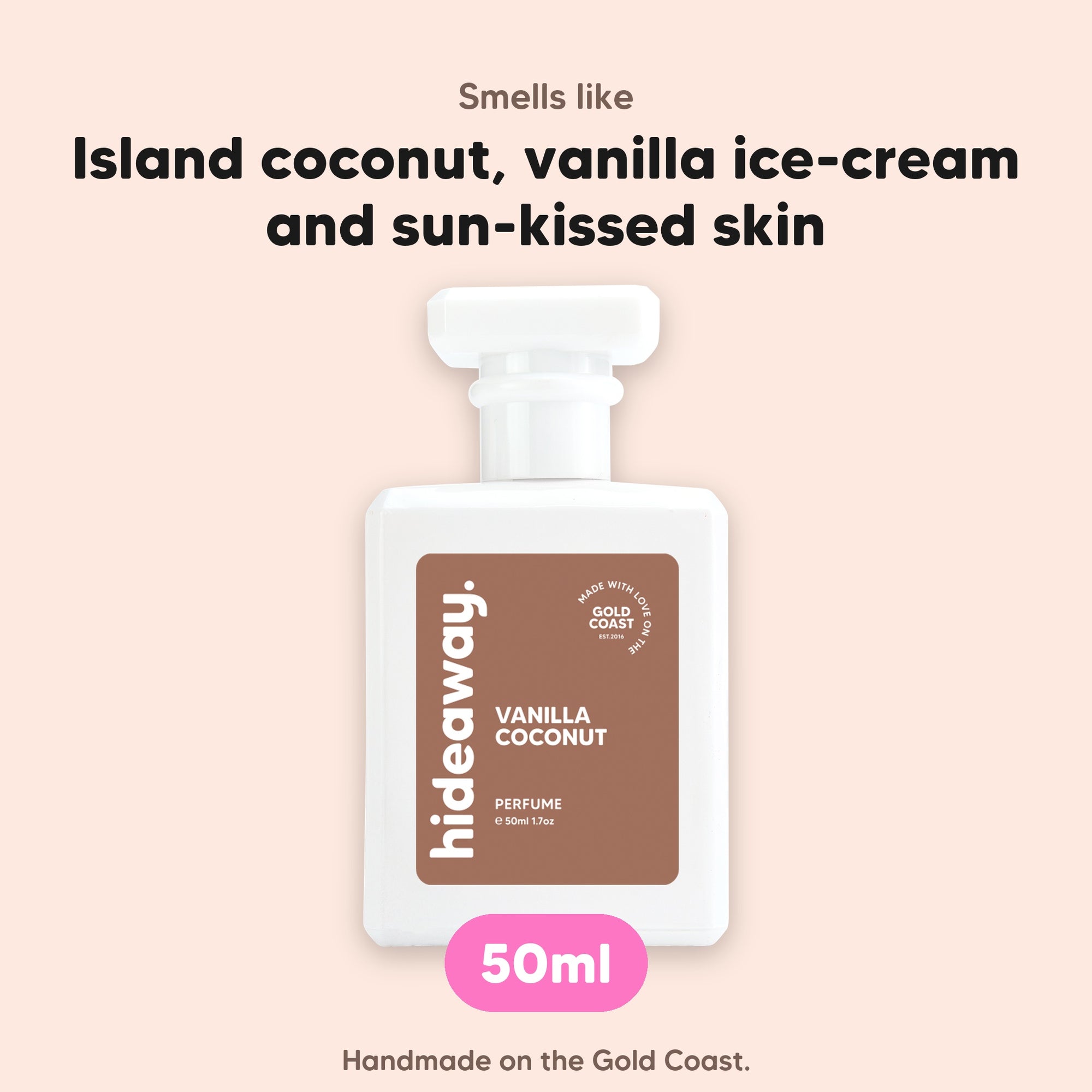 hideaway. Vanilla Coconut perfume 50ml bottle, vegan and handmade on the Gold Coast