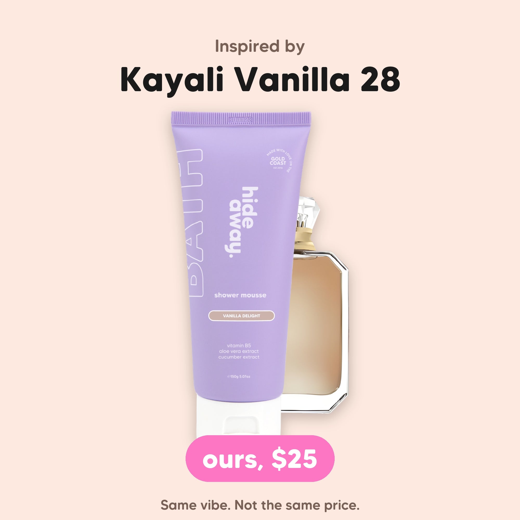 hideaway. Vanilla Delight Shower Mousse, inspired by Kayali Vanilla 28, $25, made in Australia