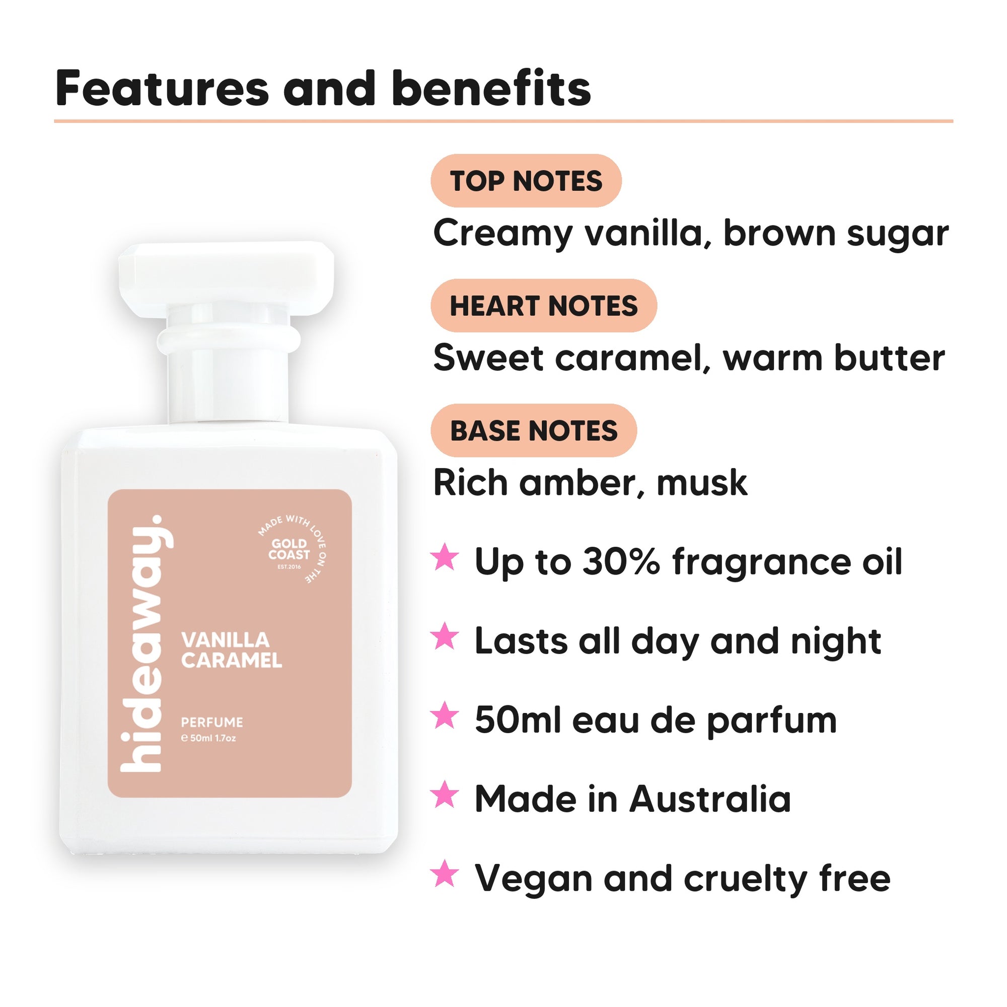 Vanilla Caramel perfume scent notes, top notes Creamy vanilla, brown sugar, heart notes Sweet caramel, warm butter, base notes Rich amber, musk