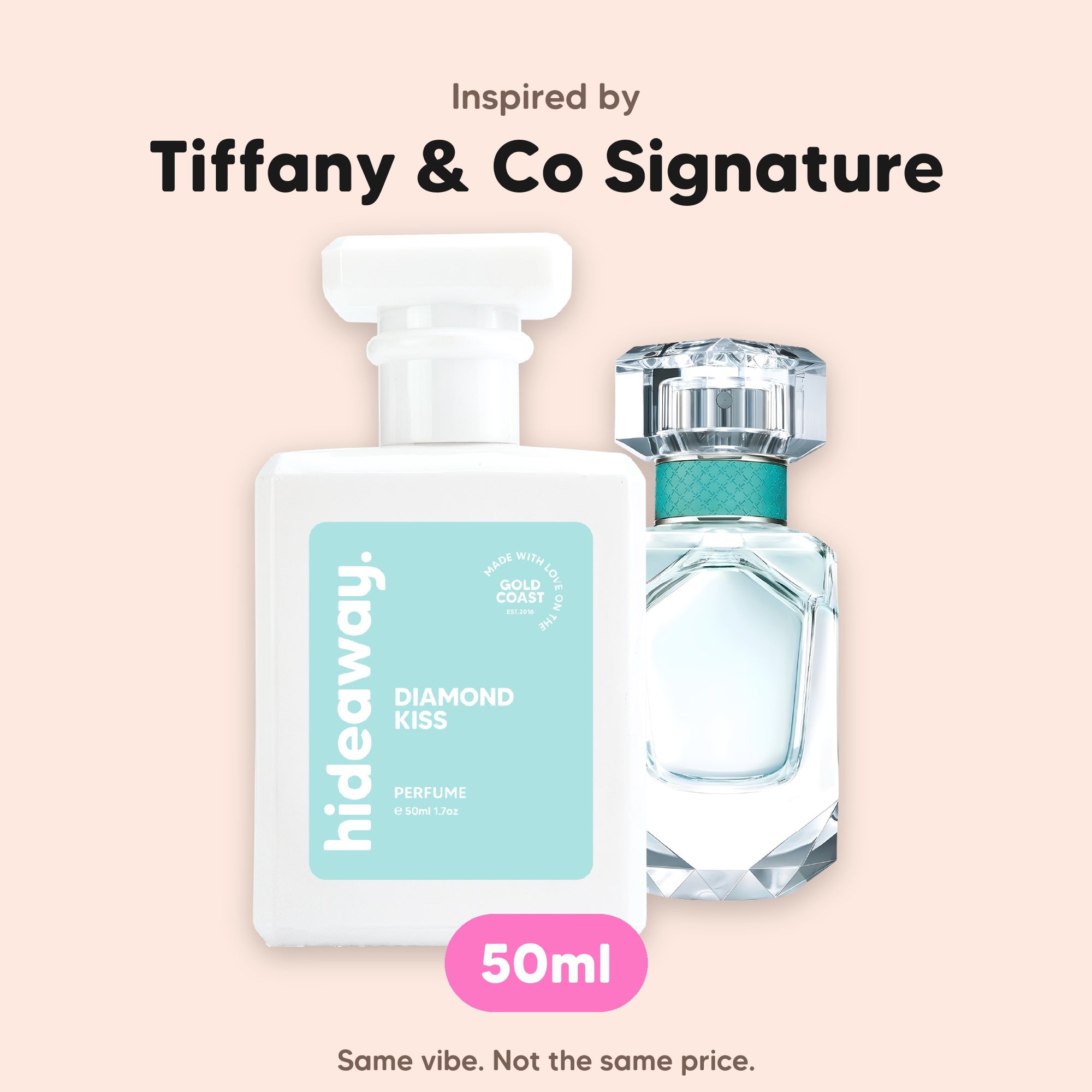 hideaway. Diamond Kiss perfume 50ml beside the Tiffany & Co Signature bottle it is inspired by, handmade on the Gold Coast