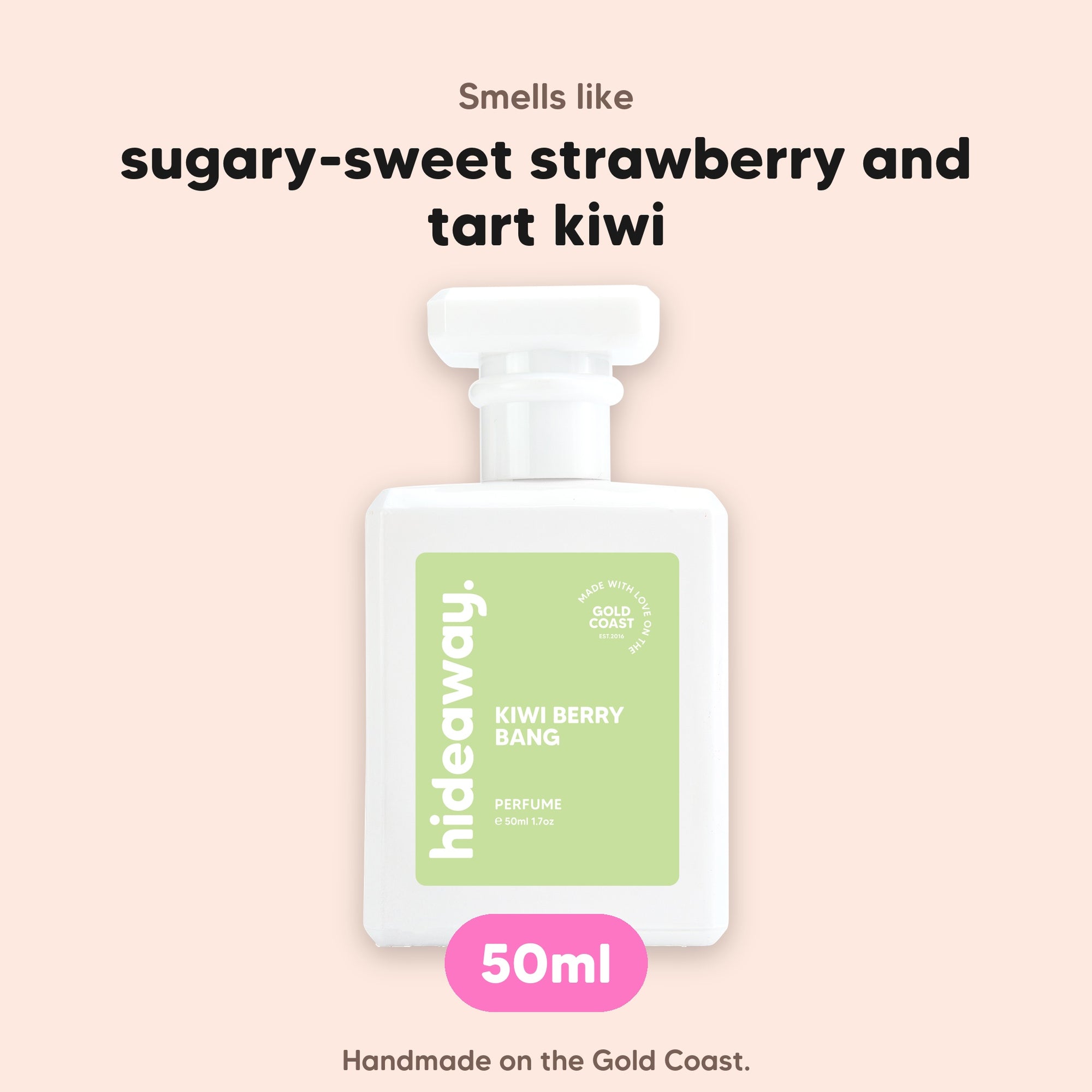 hideaway. Kiwi Berry Bang perfume 50ml bottle, vegan and handmade on the Gold Coast