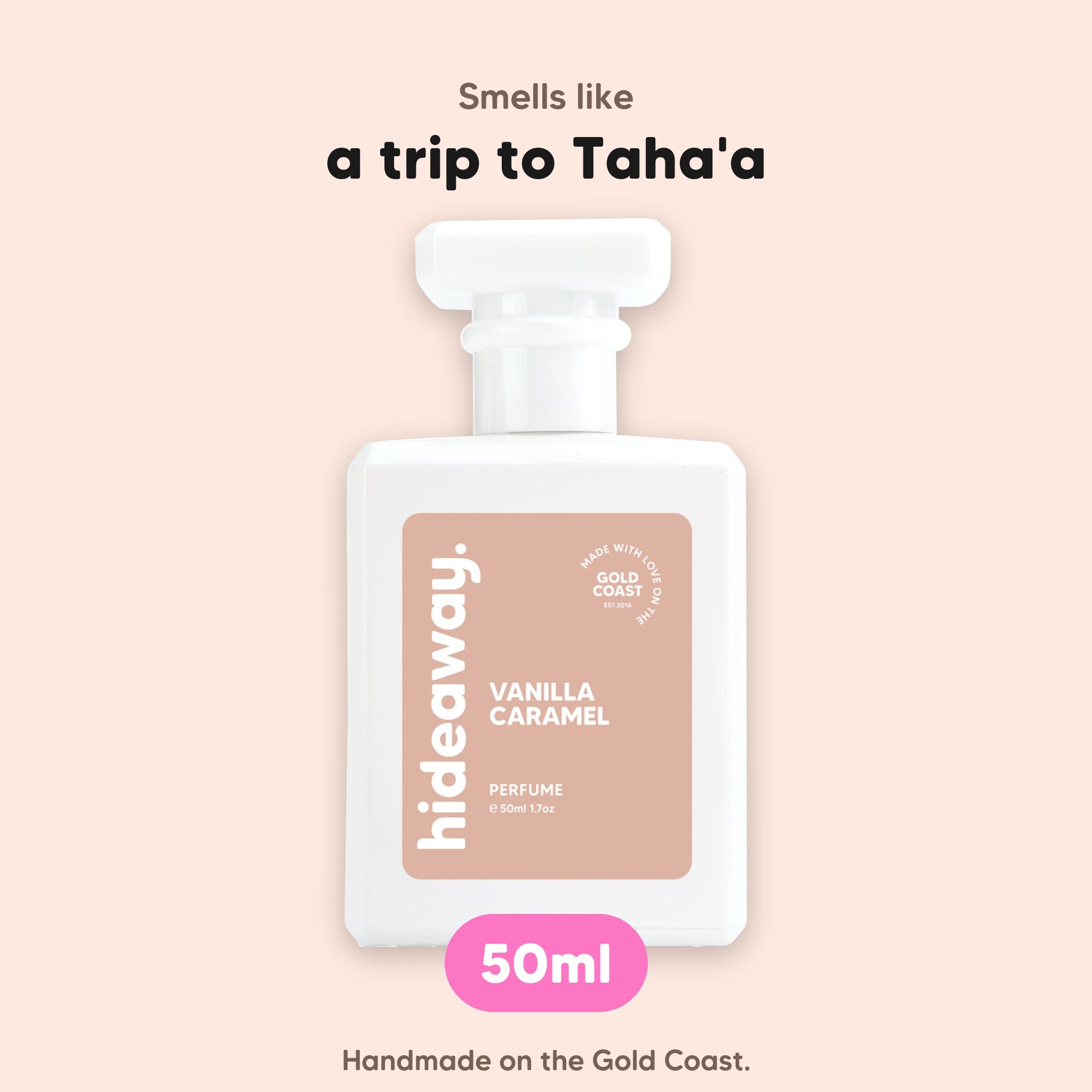 hideaway. Vanilla Caramel perfume 50ml bottle, vegan and handmade on the Gold Coast