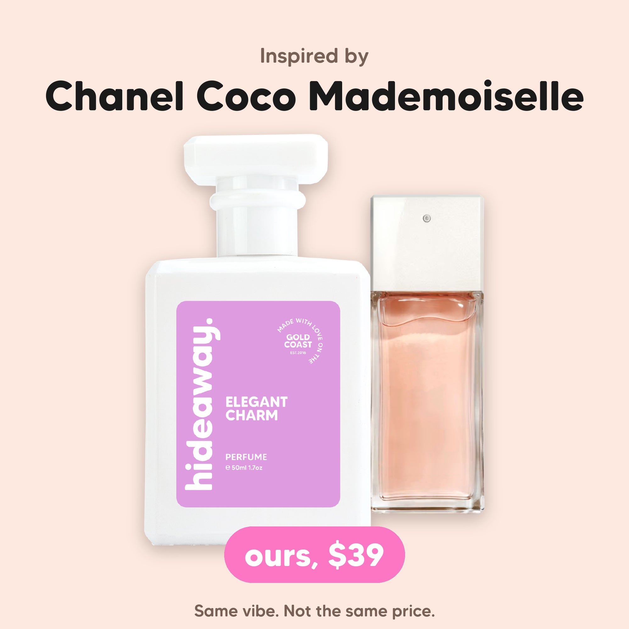 hideaway. Elegant Charm perfume 50ml beside the Chanel Coco Mademoiselle bottle it is inspired by, $39, handmade on the Gold Coast