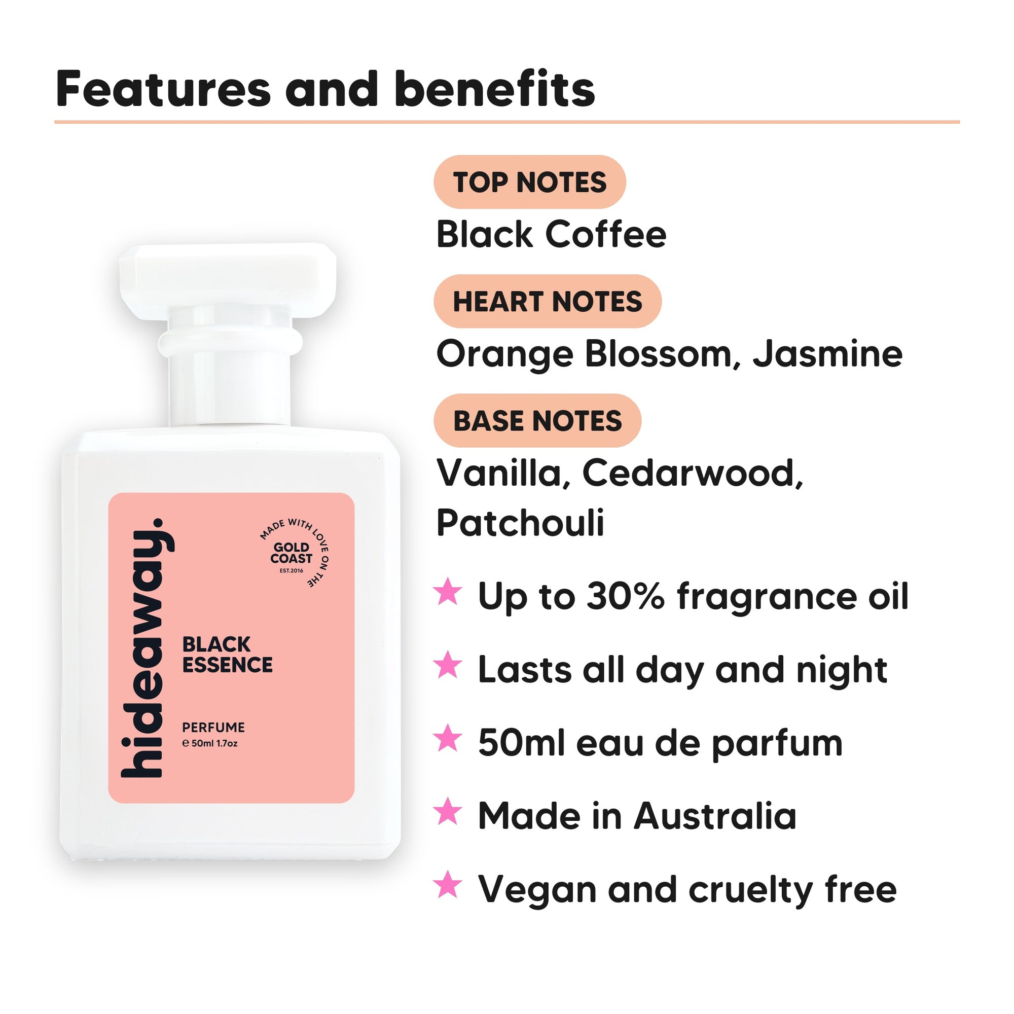 Black Essence perfume scent notes, top notes Black Coffee, heart notes Orange Blossom, Jasmine, base notes Vanilla, Cedarwood, Patchouli