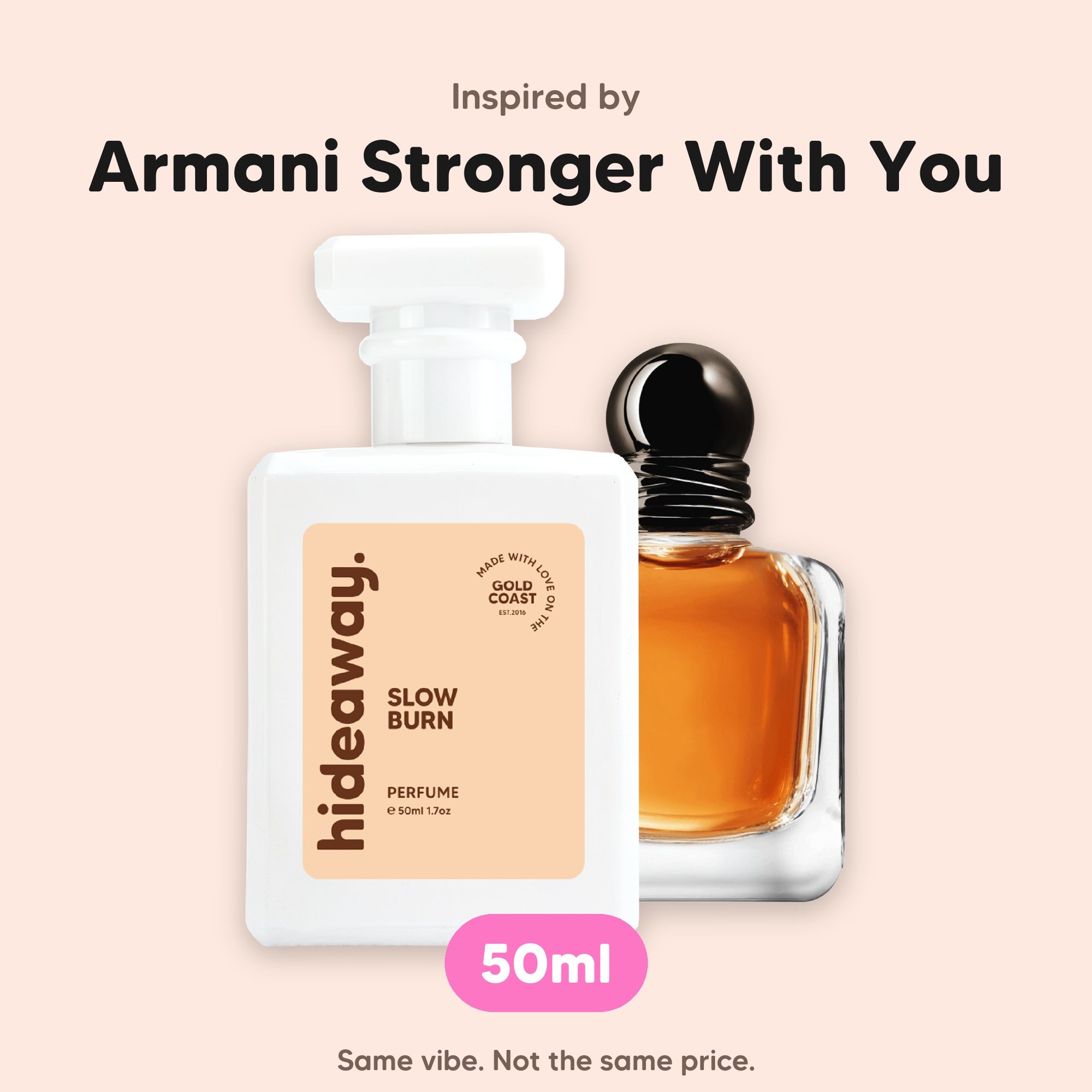 hideaway. Slow Burn perfume 50ml beside the Armani Stronger With You bottle it is inspired by, handmade on the Gold Coast